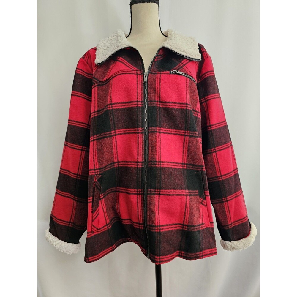 Maurices Jacket Red Black Plaid Sherpa Full Zip Womens Size 3X